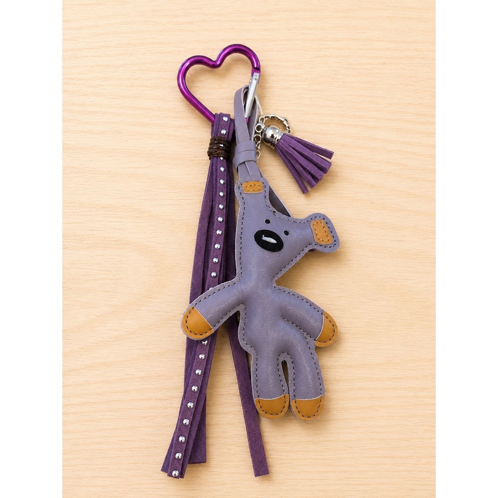 Purple Bear Tassel Keychain Heart Carabiner Faux Leather Bag Charm Accessory